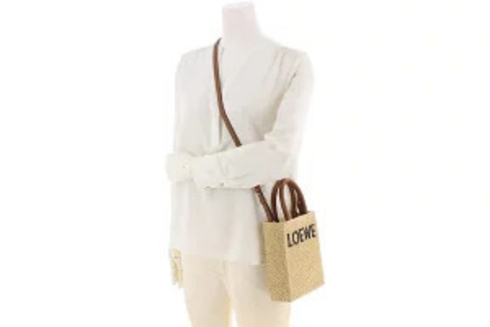 Loewe Brown Leather Raffia Bag Standard Tote Brown